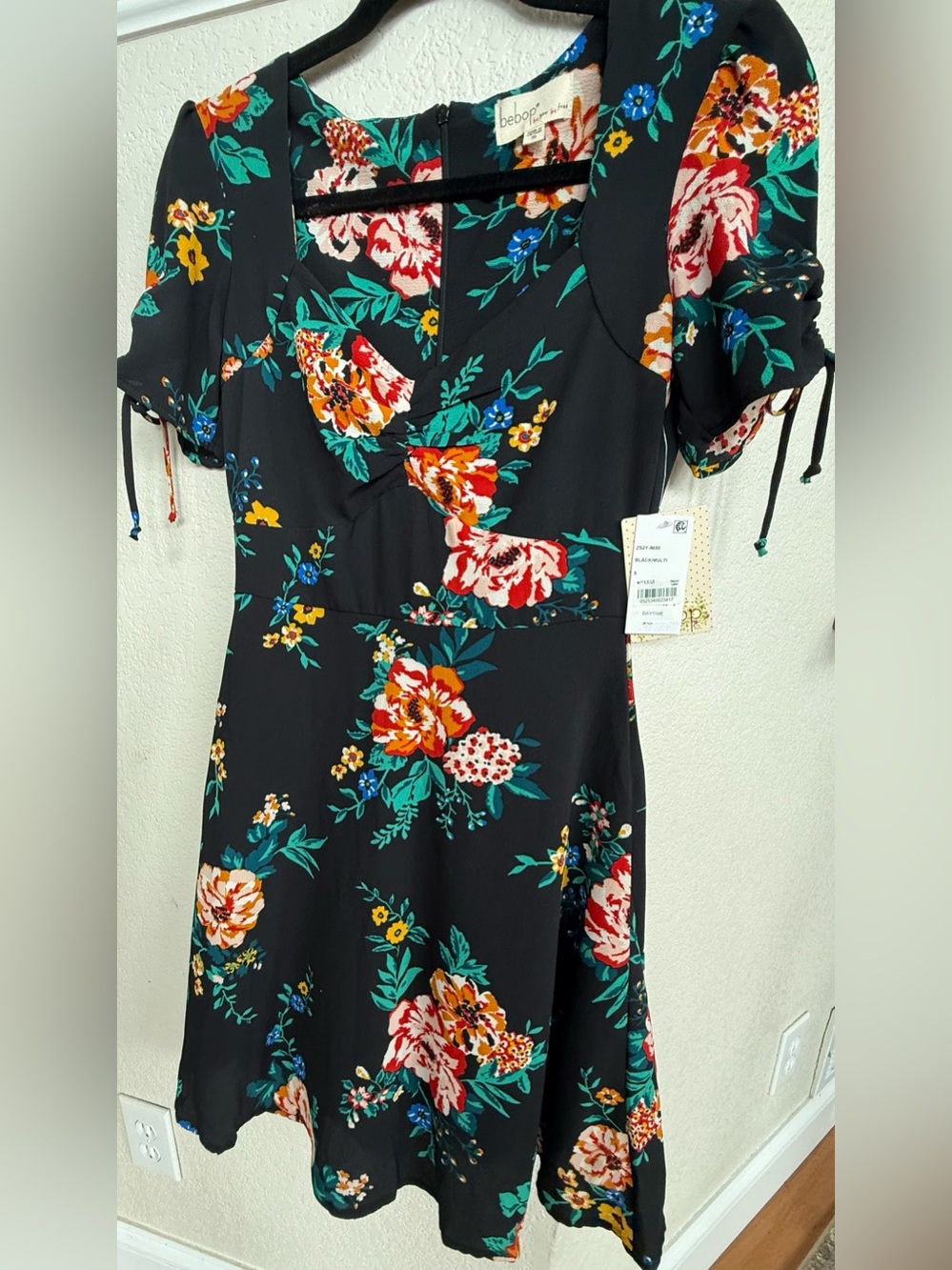 BeBop Black Floral Midi Dress with V-Neck and tie cap sleeve